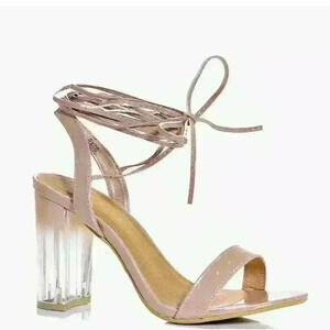 Boohoo Night Tilly Wrap Strap Mocha Clear Block Heels Sandals